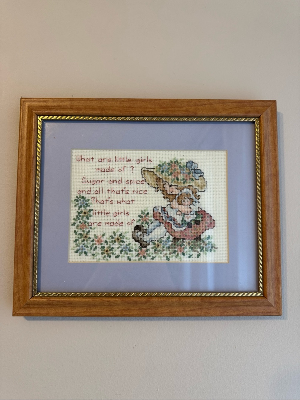 Vintage “What Are Little Girls Made Of?” Framed Cross Stitch